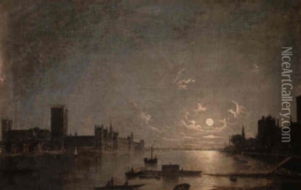 The New Houses Of Parliament...by Moonlight Oil Painting - Henry Pether