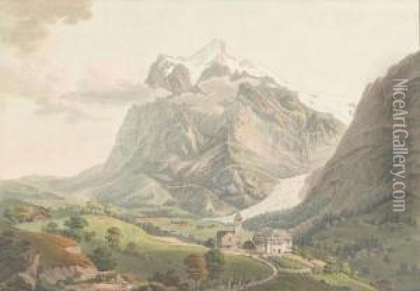 Ansicht Von Grindelwald Mit Kirche Und Dem Wetterhorn. Oil Painting - Gabriel I Lory
