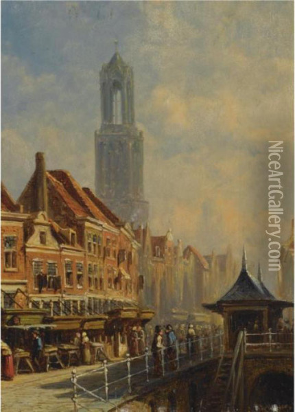 A View Of The Vismarkt In Utrecht, The Dom Tower In The Background Oil Painting - Pieter Gerard Vertin
