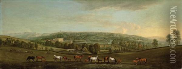 A Panoramic View Of Chatsworth House And Park Oil Painting - Peter Tillemans