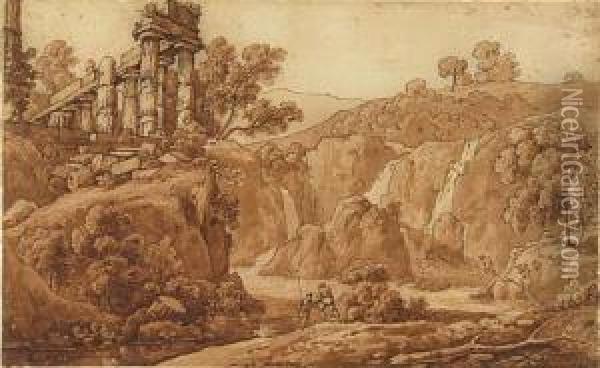 Landscape With Classical Ruins And Two Figures Oil Painting - Carlo Labruzzi