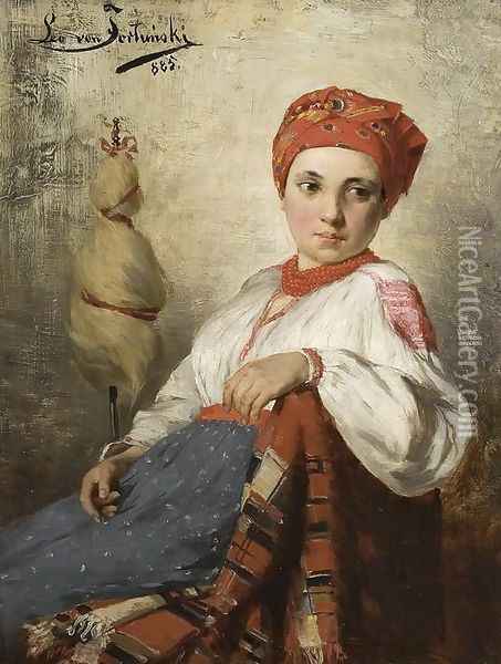 Portrait of a Farmer Girl Oil Painting - Leon Fortunski