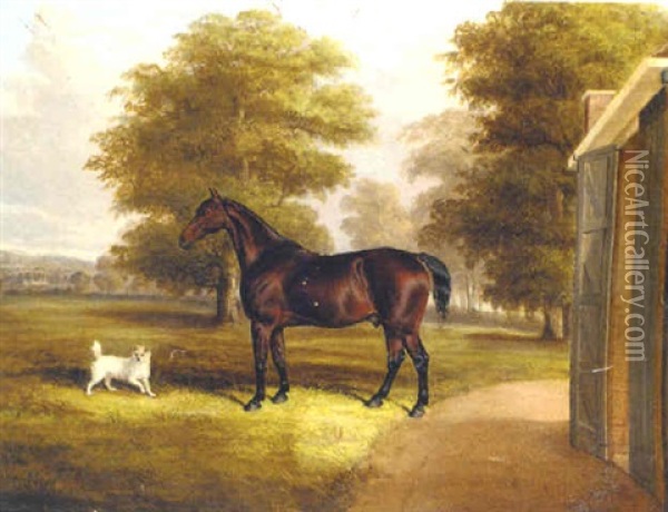 A Bay Hunter And A Terrier By A Stable Oil Painting - Thomas Walker Bretland