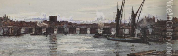 Busy City Canal (the Old Putney Bridge) Oil Painting - Kate Macaulay