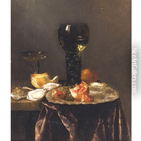 Still Life With A Roemer, A Pomegranate And Oysters All Resting On A Partially Draped Table Oil Painting - Abraham van Beyeren