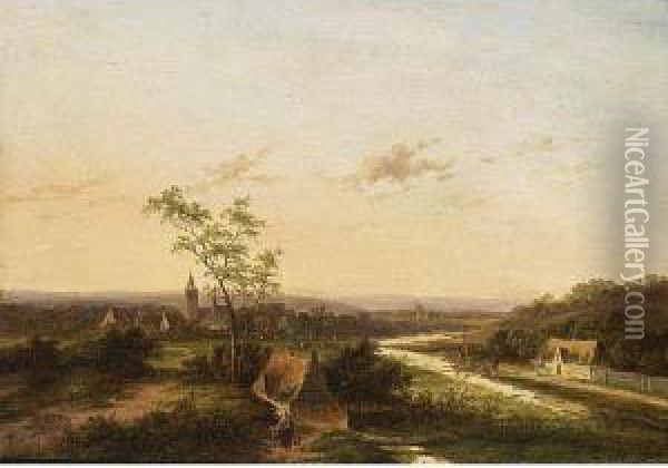 An Extensive Summer Landscape With A Town In The Background Oil Painting - Jan Evert Morel
