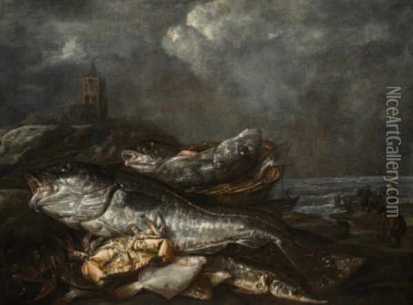 Still Life With Fish On The Beach At Egmond Oil Painting - Abraham van Beyeren
