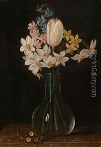 Ein Blumenstillleben In Einer Glasvase Auf Einer Tischplatte Oil Painting - Justus Juncker