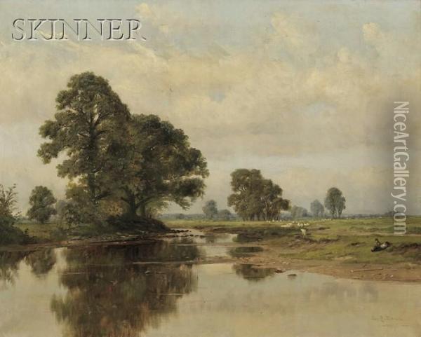 River View With A Resting Shepherd And His Grazingflock Oil Painting - L. Clarence Ball