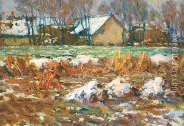 Winter Village Oil Painting - Izsak Perlmutter