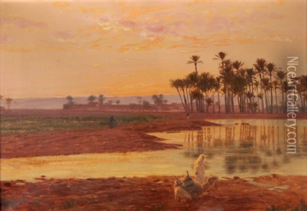Rast In Der Oase Bei Sonnenuntergang Oil Painting - Otto Pilny