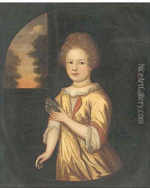 Portrait of a young girl, three-quarter-length, in a yellow dress and pearl necklace Oil Painting - English School