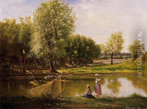 Children, Fishing Oil Painting - Adolf Muller
