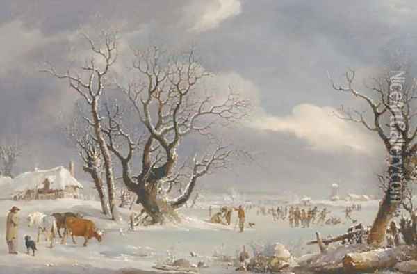 Skaters in a Dutch winter landscape Oil Painting - Johannes Pieter Van Wisselingh