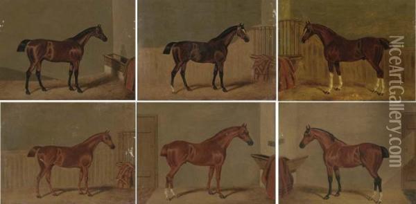 Seven Hunters In Stables Oil Painting - John Frederick Herring Snr