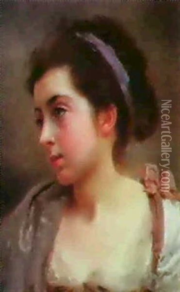 A Portrait Of A Young Girl With A Blue Ribbon Oil Painting - Gustave Jean Jacquet