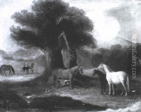 Mares And Foals In A Wooded Landscape Oil Painting - John Ferneley Jr.