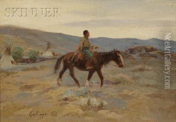 Squaw 
/landscape With Native American Onhorseback Oil Painting - Elling William Gollings