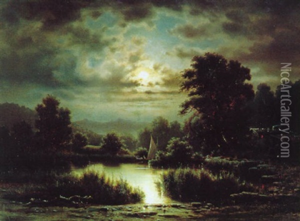 Fischer Bei Mondschein Oil Painting - Albert Rieger