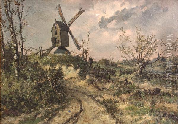 A Landscape With A Windmill Oil Painting - Emile Breton