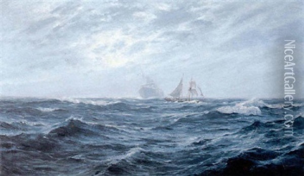 Sailing Ship At Sea With Ghost Freighter Oil Painting - William Ayerst Ingram