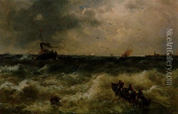 Dampfer Und Fischerbarken In Sturmischer See An Der Kuste Oil Painting - Julius Karl Rose