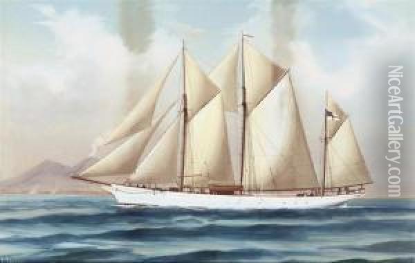 The Royal Yacht Squadron's Schooner 
Fantome 
 In Full Sail Offnaples Oil Painting - Antonio de Simone
