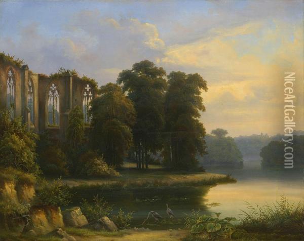 Gotische Kirchenruine In Abendlicher Flusslandschaft Oil Painting - Joseph Carl Ettinger