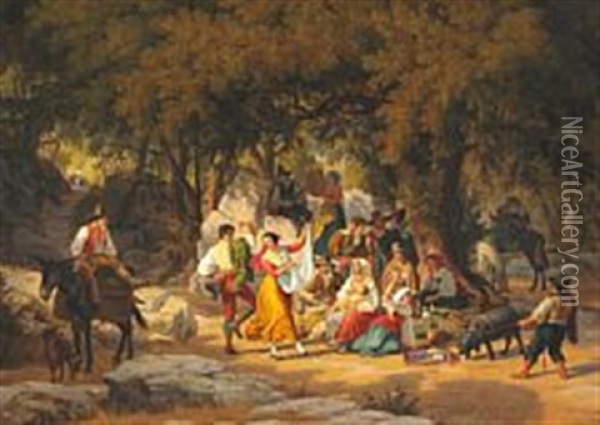 Italian Villagers On A Picnic In The Forest Oil Painting - Peter (Johann P.) Raadsig