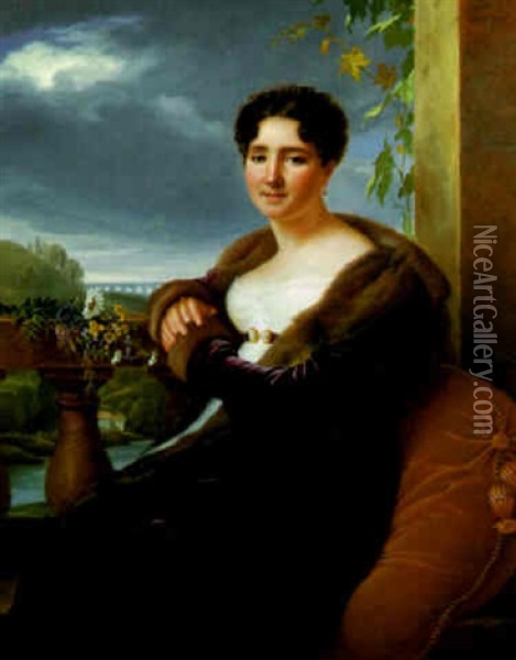 Madame De Saint-privat On The Terrace Of Her Chateau With   The Pont-du-gard In The Background Oil Painting - Henriette Lorimier