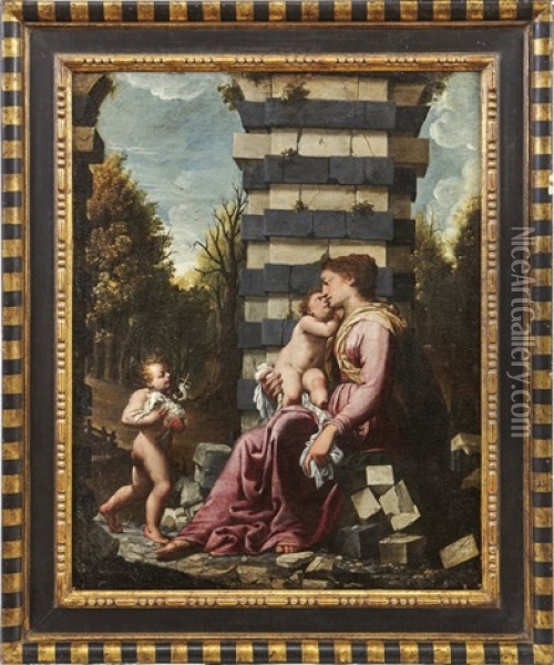 Die Madonna Mit Dem Christusknaben Und Johannes Dem Taufer In Einer Landschaft Vor Einer Saule Oil Painting - Francesco Cozza