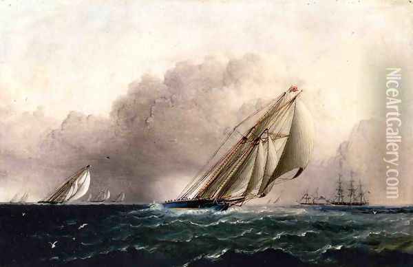 N.Y.Y.C. Schooner Yacht Estelle Running Home Oil Painting - James E. Buttersworth
