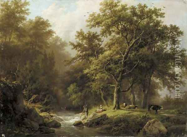 Bosch en heuvelachtig landschap met een stroomende beek a peasant and cattle resting by a wooded stream Oil Painting - Barend Cornelis Koekkoek