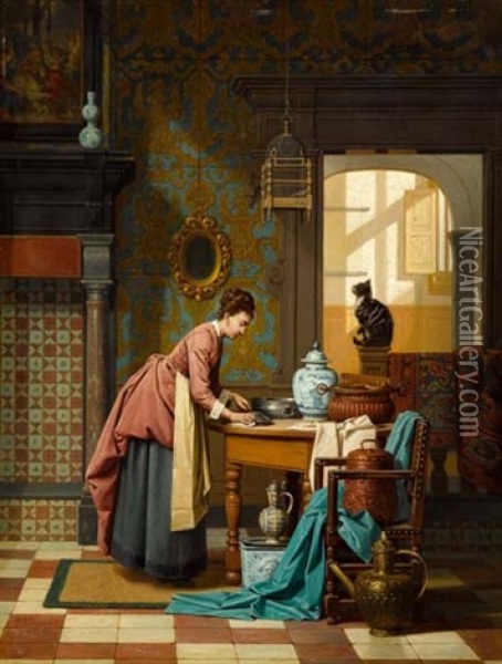 Frau Mit Katze Oil Painting - Charles Joseph Grips