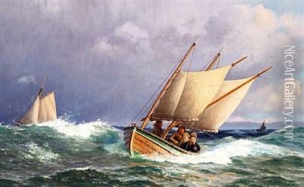 The Mail Boat From Birkholm In The Archipelago South Of Funen Oil Painting - Carl (Jens Erik C.) Rasmussen