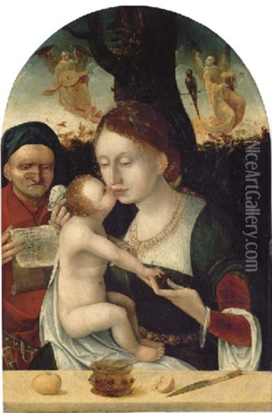 The Holy Family With Music-making Angels Oil Painting - Joos Van Cleve