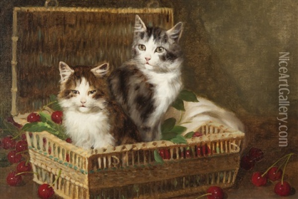 Kittens In A Basket Of Cherries Oil Painting - Jules Leroy