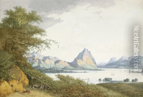 Blick Auf Den Lago Di Annone, Im Vordergrund Rechts Rastende Bauern Unter Einer Pergola Oil Painting - Joseph Augustus Knip