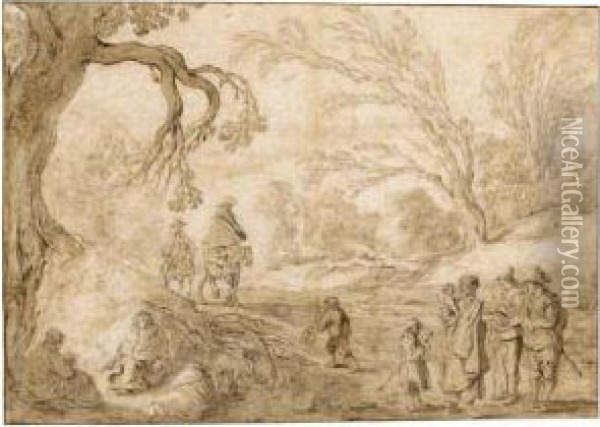 Wooded Landscape With Riders Approaching A Group Of Gypsies Oil Painting - Esaias Van De Velde