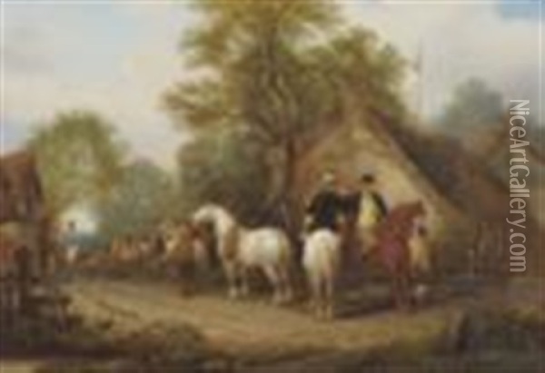 Village Scene With A Horse Fair Oil Painting - Henry William Banks Davis