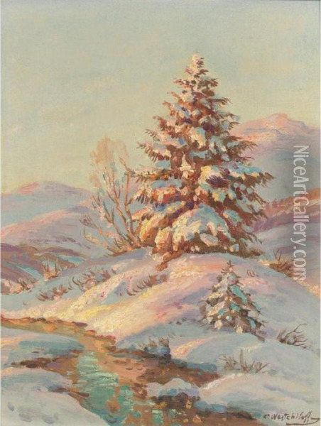 Pine Tree In The Snow Oil Painting - Constantin Alexandr. Westchiloff