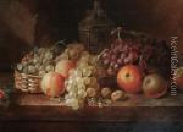 Still Life Of Grapes And Other Fruit On A Shelf Oil Painting - Thomas Whittle