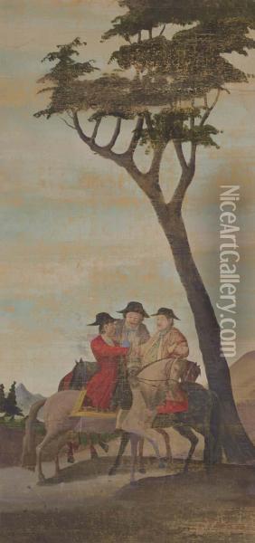 Three Europeans On Horseback In Landscape Oil Painting - Shiba Kokan