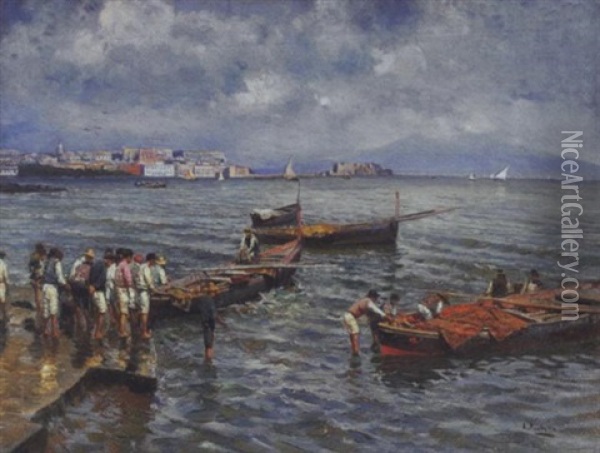 Pesca Difficile Oil Painting - Attilio Pratella