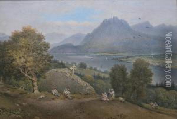 Figures At A Shrine Above A Continental Lake Oil Painting - James Penson