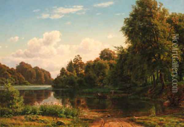A wooded river landscape with a fisherman and figures by a landing stage Oil Painting - Carsten Henrichsen