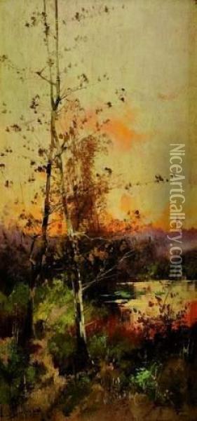Paysage Lacustre, Soleil Couchant Oil Painting - Eugene Galien-Laloue