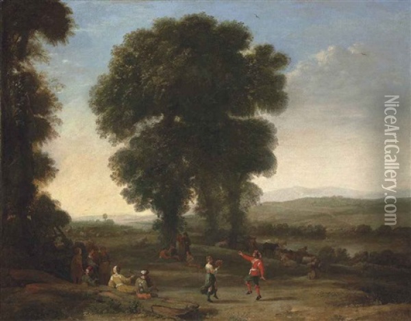 An Extensive Landscape With Figures Dancing And Others Resting Under A Tree In The Foreground, Their Cattle Resting Beyond Oil Painting - Claude Lorrain