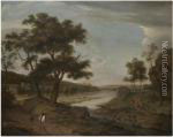A River Landscape With Travellers On A Path In The Foreground Oil Painting - Isaac de Moucheron