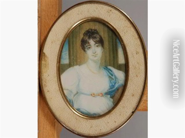 Portrait De Jeune Femme En Robe De Voile Blanc Et Echarpe Bleue Devant Une Colonne Dorique Oil Painting - Maxime David